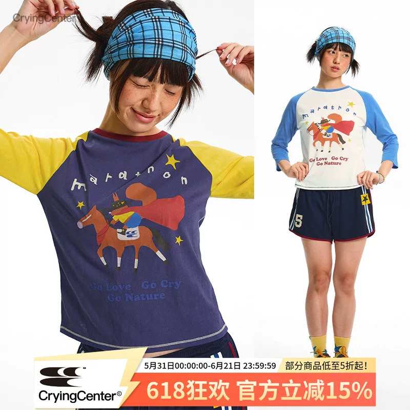 CryingCenter Western marathon fun retro print soft snowflake cotton contrasting inserts 7-quarter sleeves