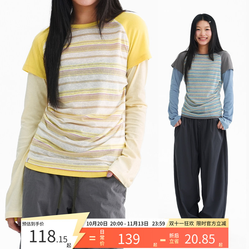Cryingcenter Color-Block Striped Patchwork Fake Two-Piece Slim-Fit Lazy Style Long Sleeve Crying Center