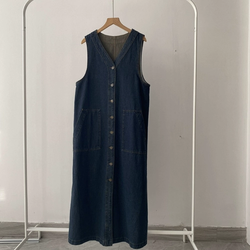 Демисезонная ретро синяя майка топ без рукавов, длинное джинсовое платье, по фигуре, V-образный вырез, свободный прямой крой, с рукавом