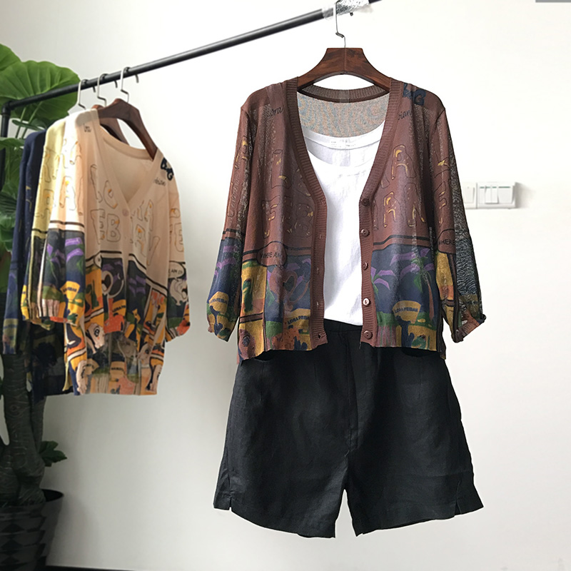 Retro nhẹ nhàng áo khoác cotton vải lanh khăn choàng mùa hè nữ in ngắn cardigan điều hòa áo sơ mi mỏng phần mùa hè khăn choàng mới áo khoác len cardigan nữ