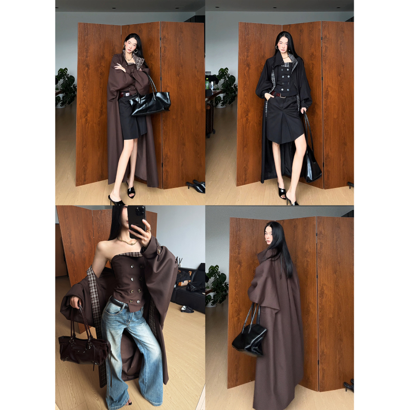 Cizzlemore【Dream Chasing Night】New England Plaid Patchwork Long Trench Coat Slimming Tube Top Set Cizzlemore【Dream Chasing Night】New England Plaid Patchwork Long Trench Coat Slimming Tube Top Set
