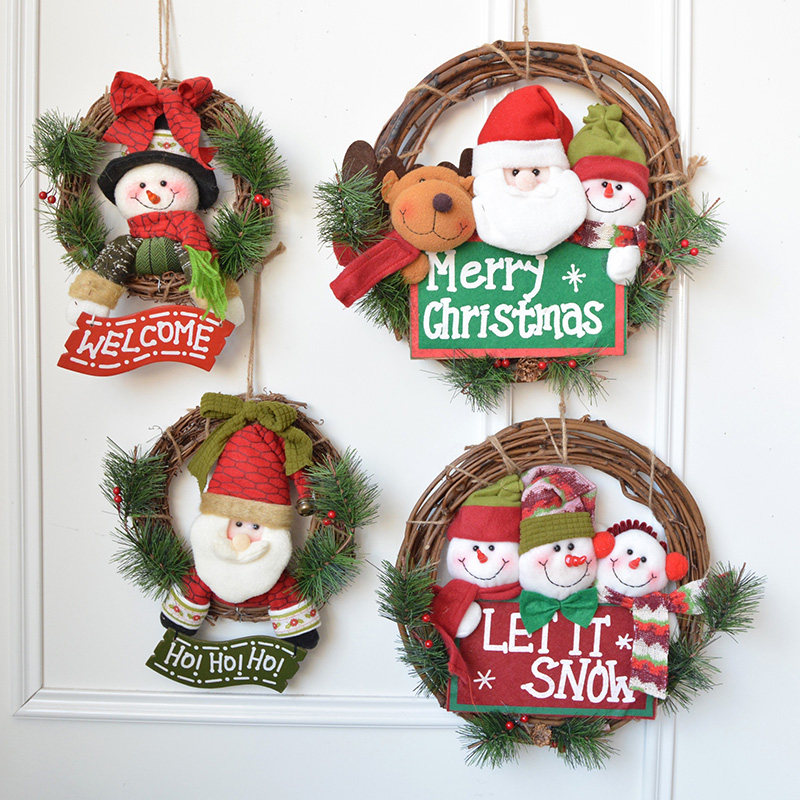 SwanLace Plush Santa Snowman Elk Large Christmas Wreath Door Hanging Window Ornament Rattan Ring Rattan Ring