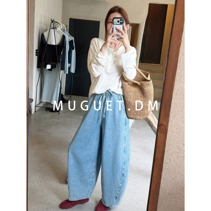 [Tang Youyou] Lanzhi Tencel Hemp Soft Denim Ice-Feel Breathable Balloon Pants Women's Elastic Waist Nine-Point Denim Pants