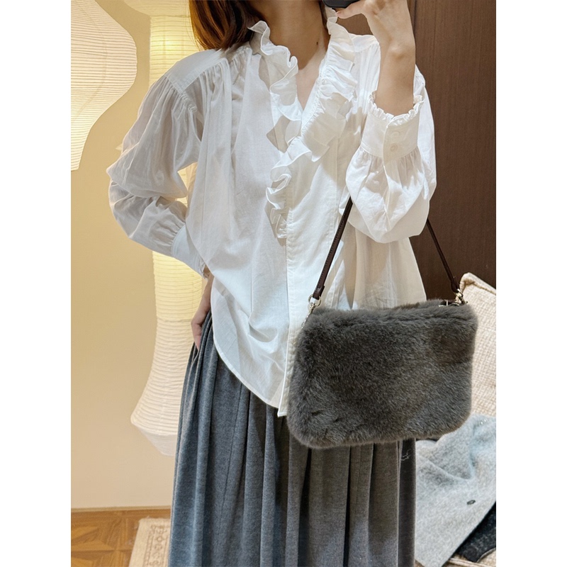 [Tang Youyou Mgdm] Ruffled Edge Patchwork Pure Cotton Loose Shirt for Women, Autumn French Stand Collar Versatile White Shirt