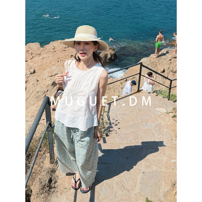 [Tang Youyou] High-Density Pure Cotton Heavy-Duty Multi-Needle Embroidery Sleeveless Top for Women, Summer Loose Round-Neck Vest Shirt
