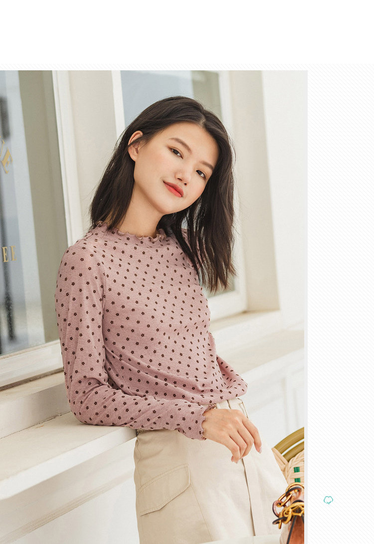 茵曼 半高领波点木耳领女士长袖T恤 图3