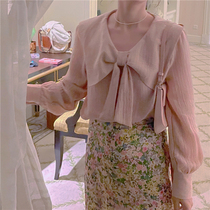 PinkstarShop Spring New Sweetheart Pie Pale Pink Blouse Butterfly Knot collar woman slim fit long sleeve shirt