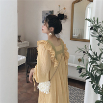 Agaric side fairy skirt vintage spring long sleeve square cotton linen yellow French style loose with sloth and dresses dresses