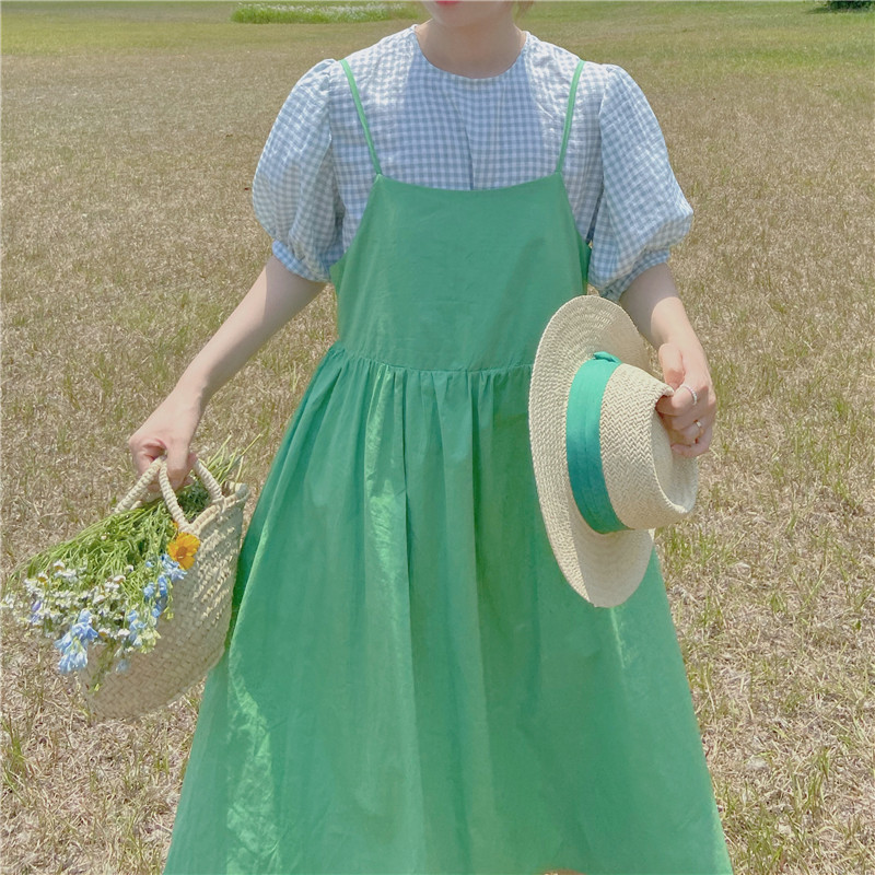 Oz country French retro sweet first love skirt Green dress Gentle wind loose vintage sundress summer woman