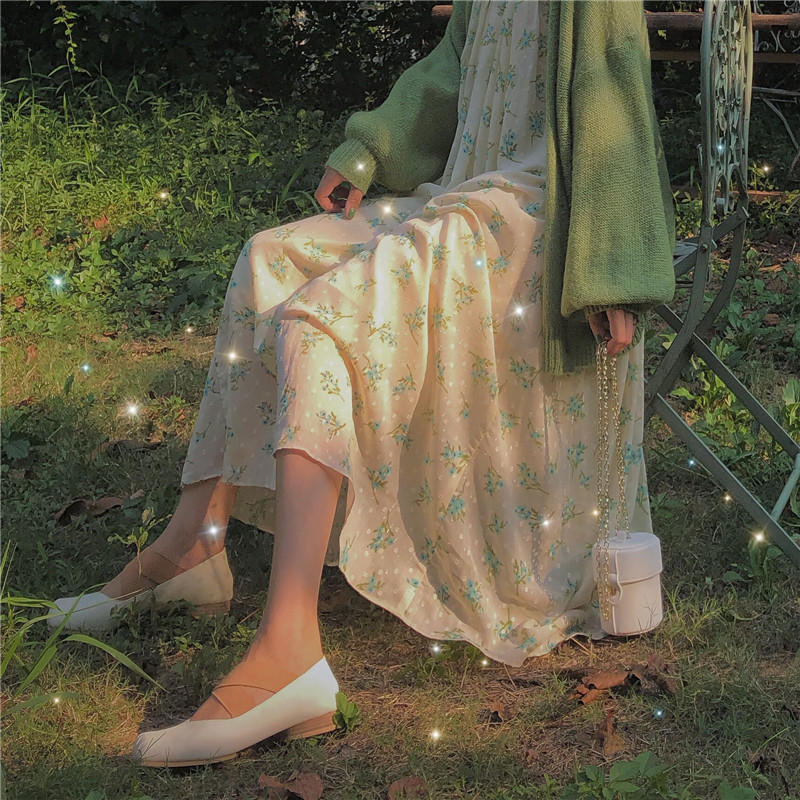 Harnesses Fairy dresses loose spring medium long version starlight blue green crushed floras silver silk polo dot jacquard foreign dress