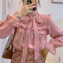 PinkstarShop Spring New Dry Rose Pink Long Sleeve Bright Silk Butterfly Knot Design Sensation Niche Shirt