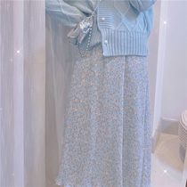 PinkstarShop spring high waist mid-length dress snowspun pleasanum dresses sweet and light blue broken flowers half-body dress