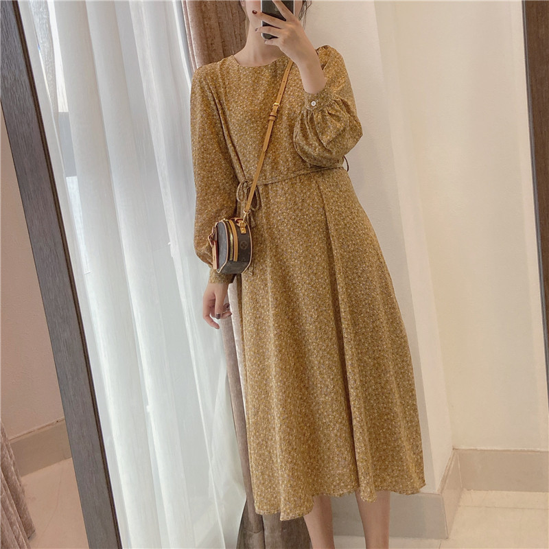 PinkstarShop dress yellow waist Korean version slim and long-sleeved temperament chiffon fairy skirt female spring