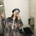 Shanshan 2018 thu đông mới retro đại học gió ve áo túi kẻ sọc dài áo khoác len nữ áo khoác dài Trung bình và dài Coat