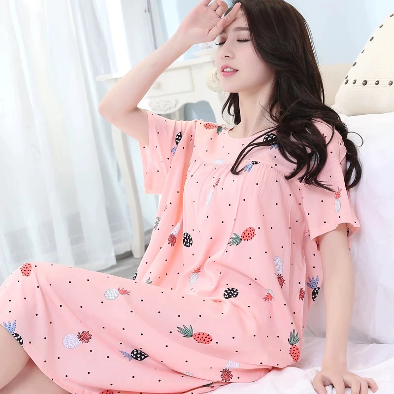 Váy ngủ cotton lụa mùa hè nữ phiên bản Hàn Quốc ngắn tay váy ngủ cotton nhân tạo mỏng phần váy ngủ sinh viên tươi mới có thể mặc đồ ở nhà - Đêm đầm
