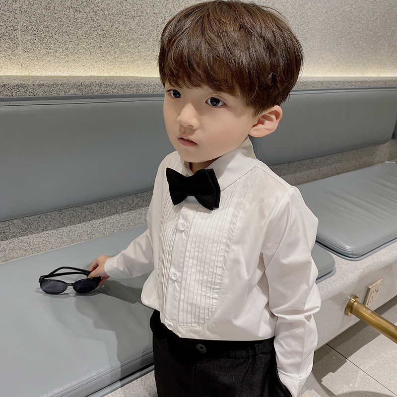 Add velvet shirt boy English wind 2021 autumn and winter handsome new children foreign baby Korean lapel long sleeve white