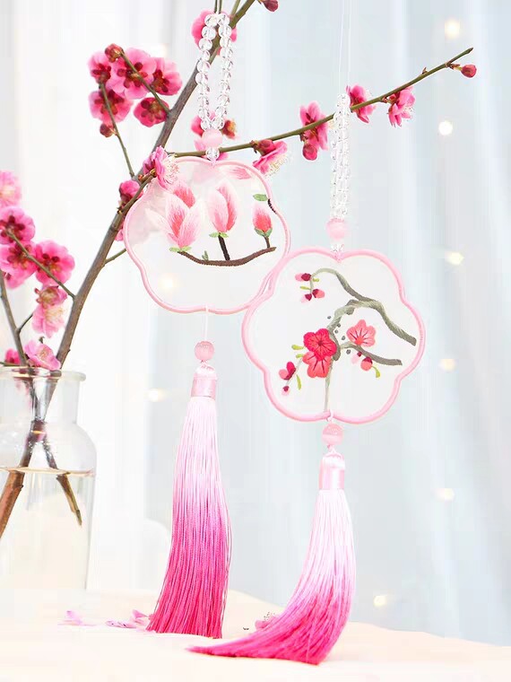 Transparent Yarn Embroidered Pendant DIY Material Bag Jade Lan Plum Double Sided Su Embroidered Car Pendant Material Bag Beginner Kit