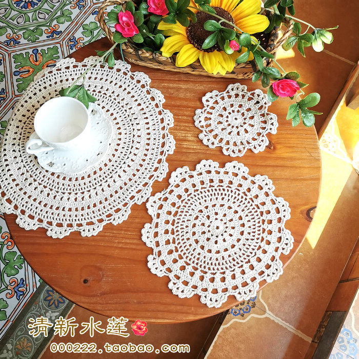 Handmade crochet hook flower cotton woven round coaster insulation pad American pastoral retro decorative table mat anti-scalding table mat