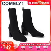 Comely Kang Li mùa thu và mùa đông mới bốt trẻ em tay áo màu đen vớ co giãn cao gót dày - Giày ống boot cổ ngắn