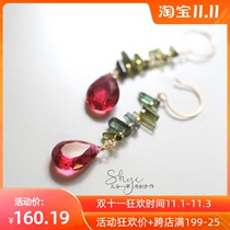 Chun-three-in-one grass natural tourmaline raw ore red quartz imported 14K gold gold personality color color color field earrings