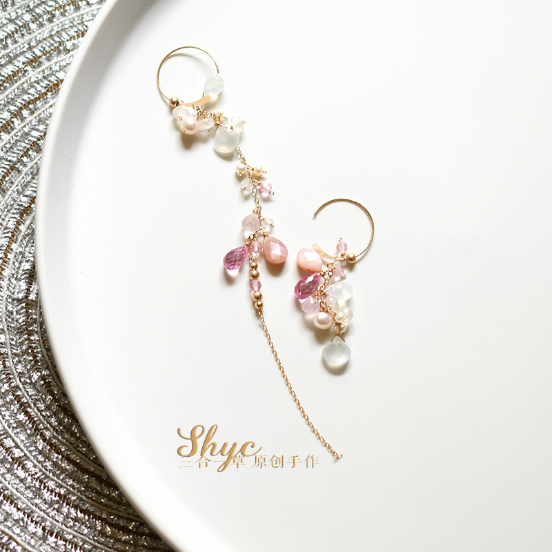 Powder Snow-Three-in-One Grass Moonstone Powder Betopaz American 14k Gold-Packed Asymmetric Small Elegant Earrings