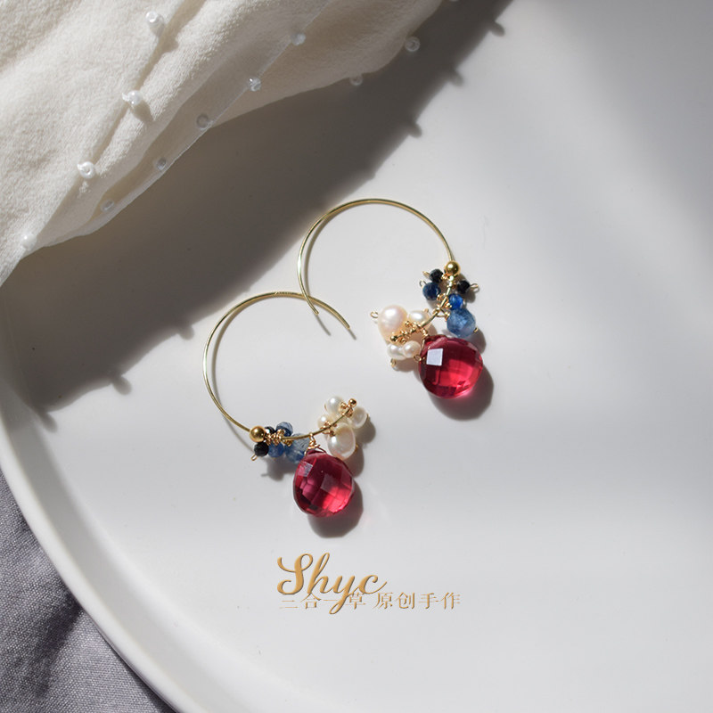 Love Hearts-Three-in-one Grass Rose Red Quartz Blue Crystal Pearl Imported 14k Gold Temperament Earrings