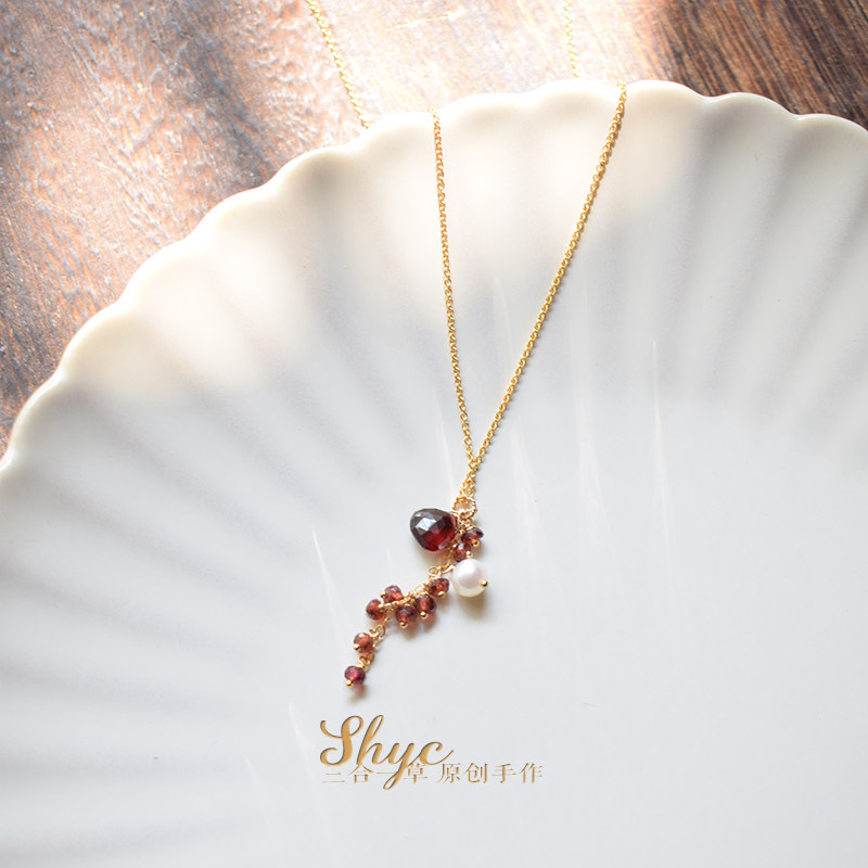 Love flows - three-in-one grass natural garnet pearl tassel elegant imported 14k gold adjustable necklace