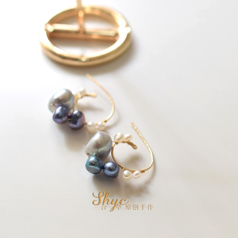 Pearl Wispers-Three-in-one Grass Original Gas Field Sensation 14k Bag Gold Freshwater Baroque Pearl Earrings