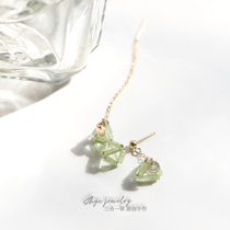 Leakage of time-three-in-one grass design natural green tourmaline raw ore 14K gold injection creative asymmetric niche earrings