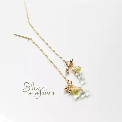 Rainbow pony-three-in-one grass natural crystal 14K gold long version earrings temperament tassel ears ear trim female