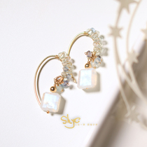 Three-in-one grass natural strong light Moonstone raw ore fluorite 14K gold injection cold wind pure white temperament earrings earrings