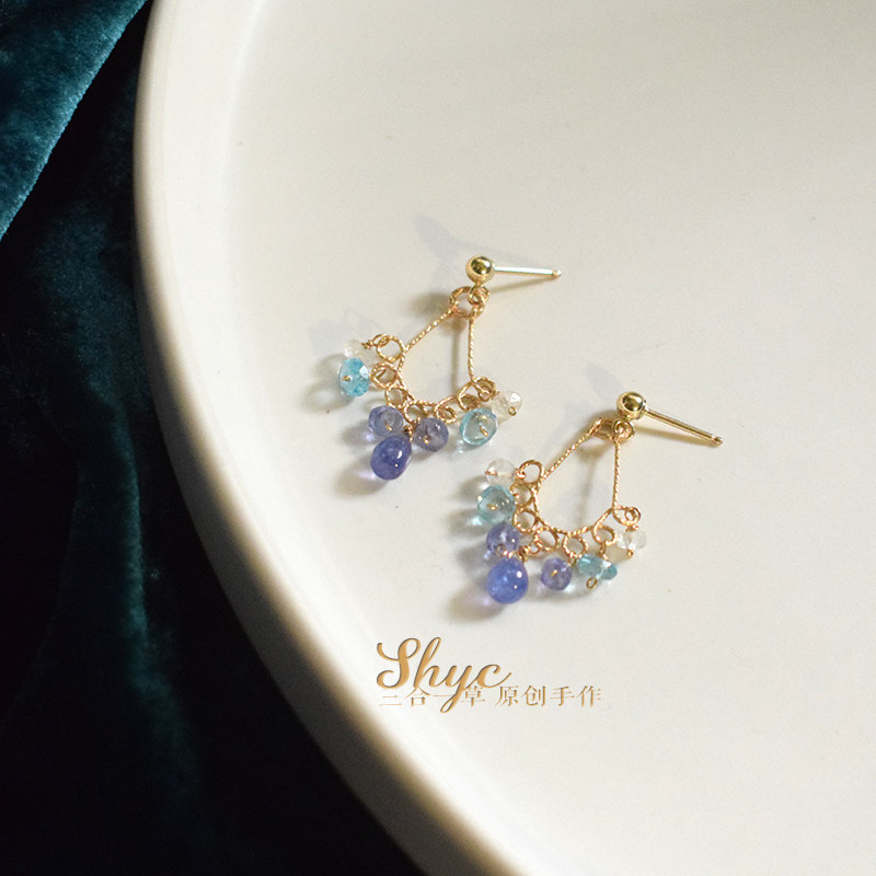 Sun Rain - Three-in-one Grass Original Natural Tanzanite Moonstone Palace Retro 14k Gold Earrings