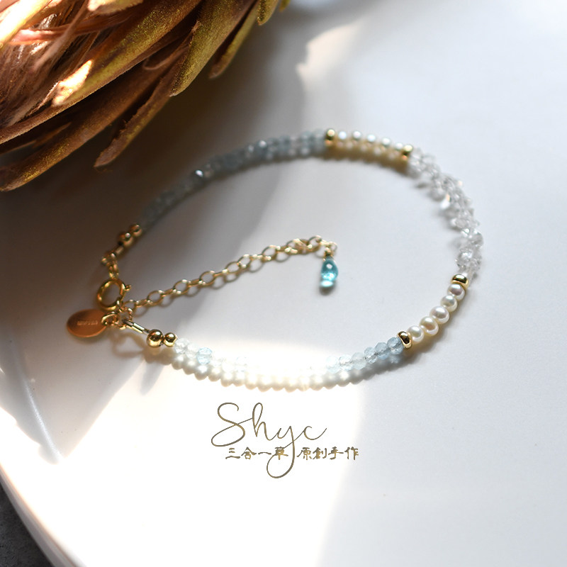March Birthstone Natural Aquamarine Pearl Shining Diamond Herkimon Crystal American 14k Gold Bracelet