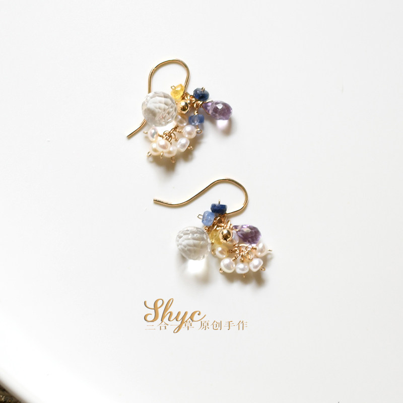 Small iris - three-in-one grass white crystal 14k gold simple cold wind earrings fashionable ins earrings for women