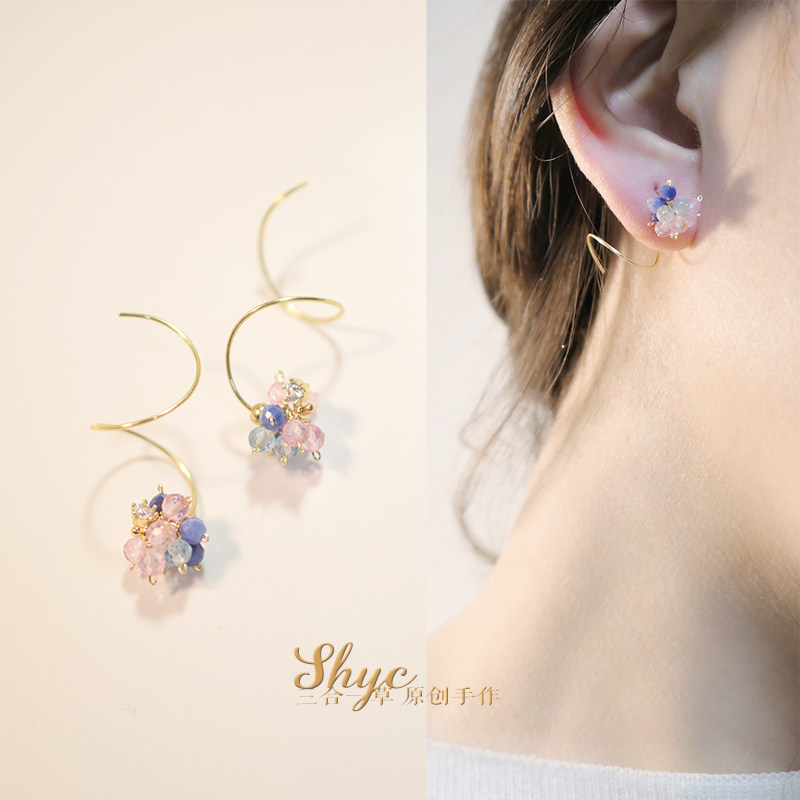 Flower Meteor－Three-in-one grass original sapphire apatite 14k gold-plated cute small flower ball niche earrings