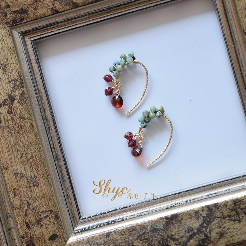 Original design-carp aquatic plants-natural turquoise garnet imported 14k gold-plated small earrings