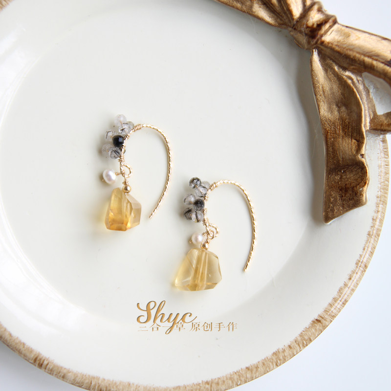 Three-in-one grass high-end temperament citrine earrings round face earrings women's 14K gold-packed pearl earrings trendy - Taobao