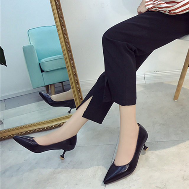 Cat heel shoes for women 5cm medium heel simple V-mouth versatile professional work shoes black women's shoes pointed toe stiletto high heels