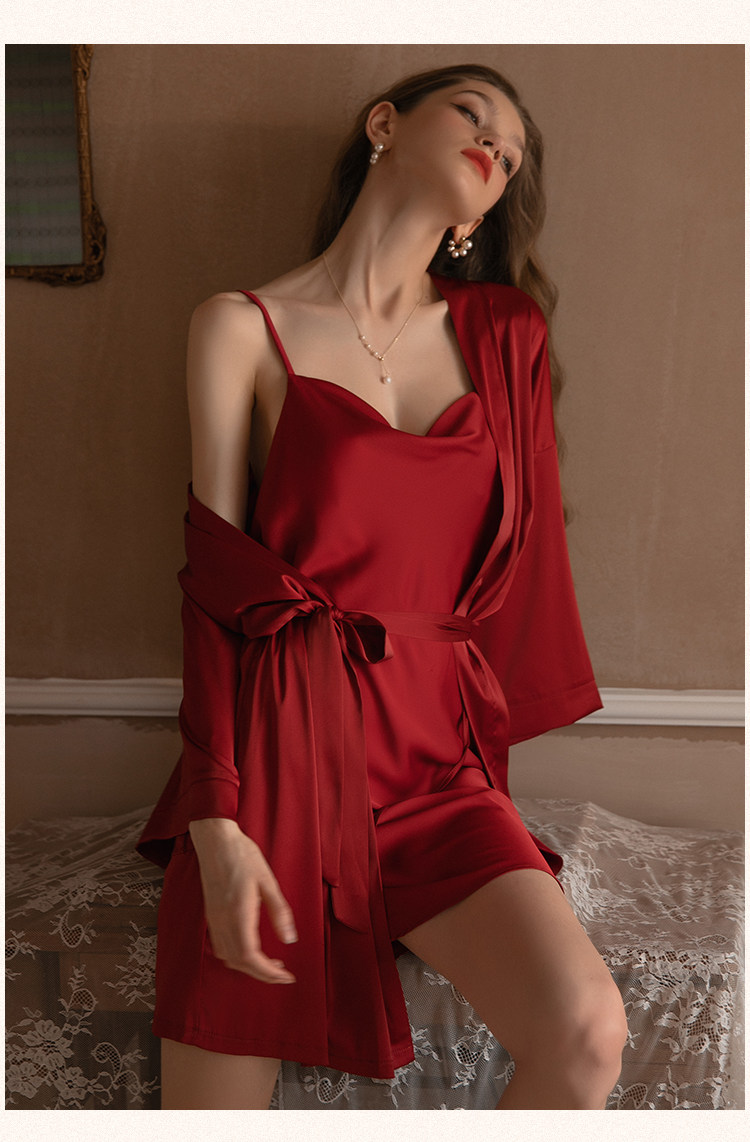 今夕何夕性感吊带睡衣女春秋款真丝本命年红色结婚睡裙睡袍套装夏详情26