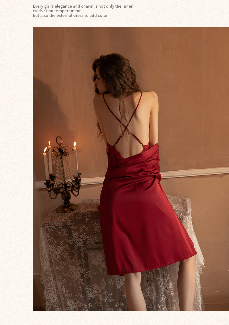 今夕何夕性感吊带睡衣女春秋款真丝本命年红色结婚睡裙睡袍套装夏详情34