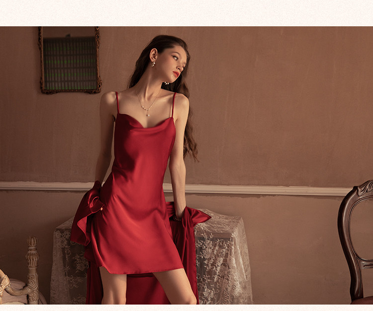 今夕何夕性感吊带睡衣女春秋款真丝本命年红色结婚睡裙睡袍套装夏详情7