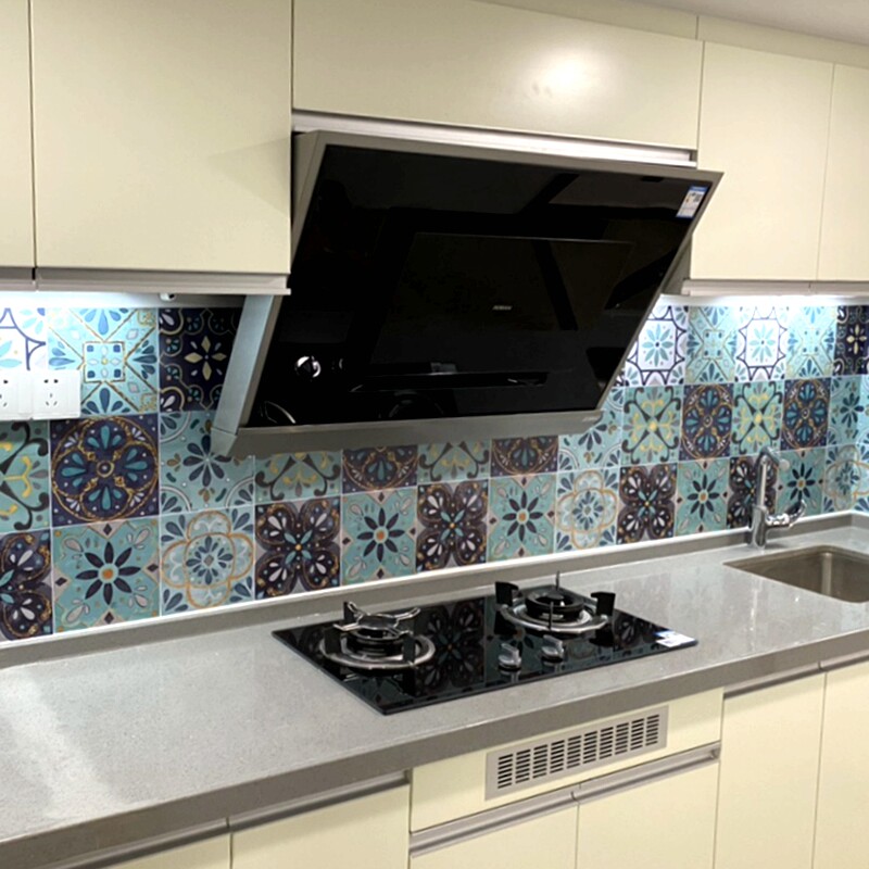 European retro kitchen oil-proof sticker stove wall high temperature powder room tile waterproof wallpaper renovation film