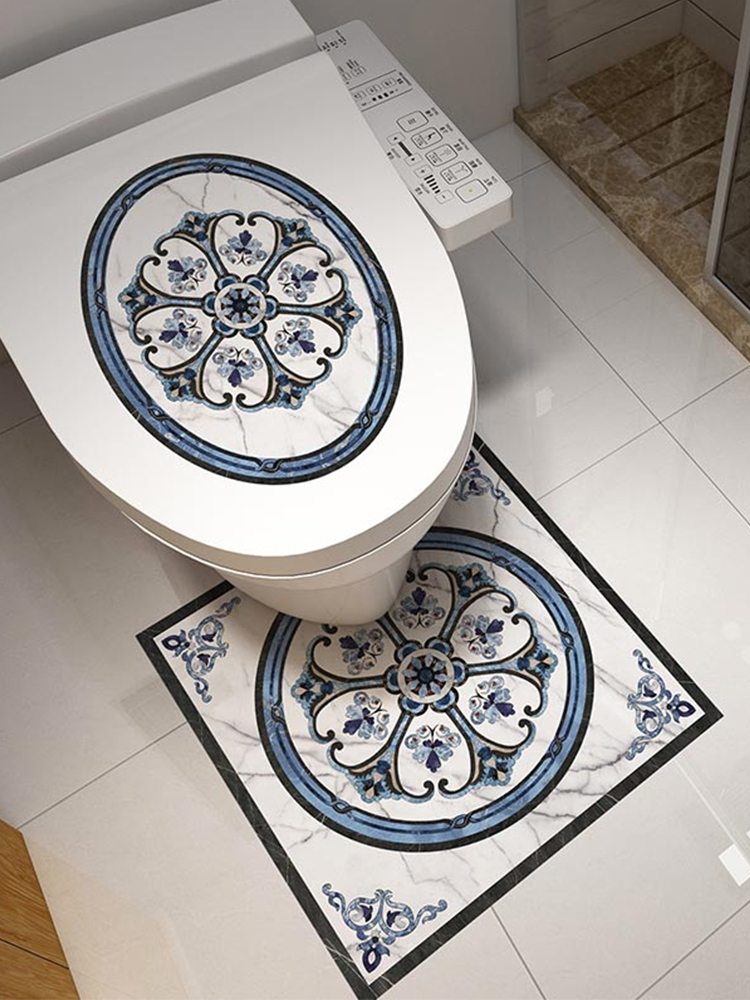 Chinese powder room floor tiles self-adhesive floor stickers Toilet toilet cover stickers Floor renovation waterproof creative decorative wall stickers