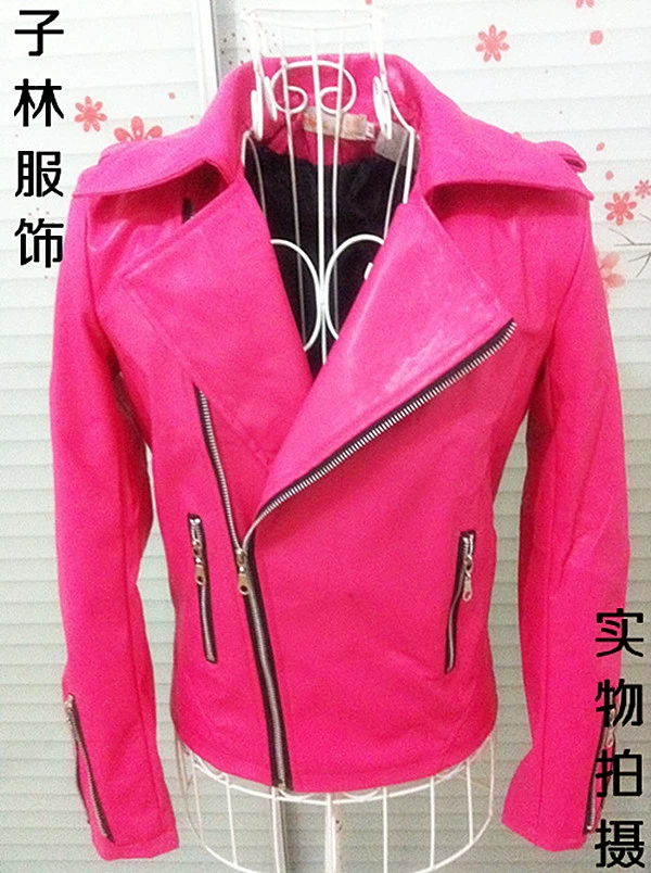 slim fit leather jacket Men Pink Leather Jacket Singer Costumes Nightclub Bar Dj Red Fluorescent Pink Slim Long-sleeved Moto Patent leather Coat Tide mens leather jackets cheap