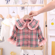 2021 Spring Dress New Girl Plaid Shirt Long Sleeve Pure Cotton Large Turned Collar Child Blouse Baby Girl Shirt