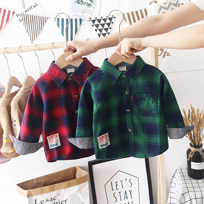 Boys brushed shirts spring and autumn children's plaid shirts boys baby cotton shirts children's long-sleeved shirts