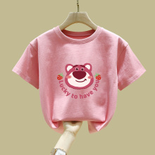 Strawberry Bear T-shirt Girls' Pure Cotton Summer 2024 New Middle and Big Children's Pink Top Children's Short sleeved Summer T-shirt