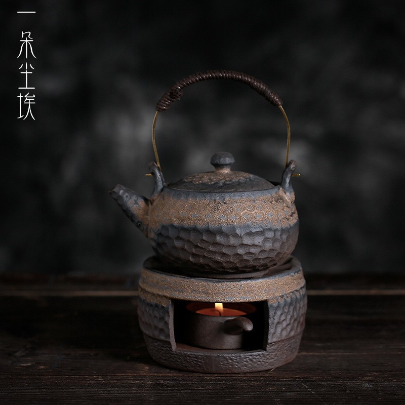 Handmade rough pottery tea warmer Zen retro ceramic side handle pot old candle heating base warm tea stove teapot