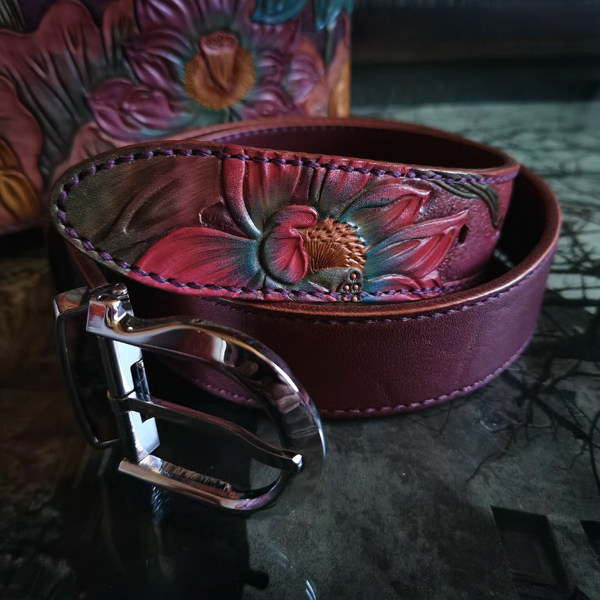 Handmade Bull Leather Accessories Leather leather accessories leather Painted Lotus Flower Lady's Needle Buckle Strap Head Trim Belt leather strap