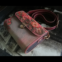 Hand-planted tannic cow leather high-end custom-made leather Painted Sea Tang Flower Girls Enlarged Version Inclined Satchel Handbag